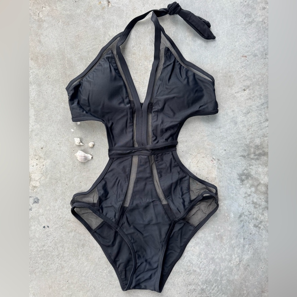 Black Halter mesh Cutout Swimsuit